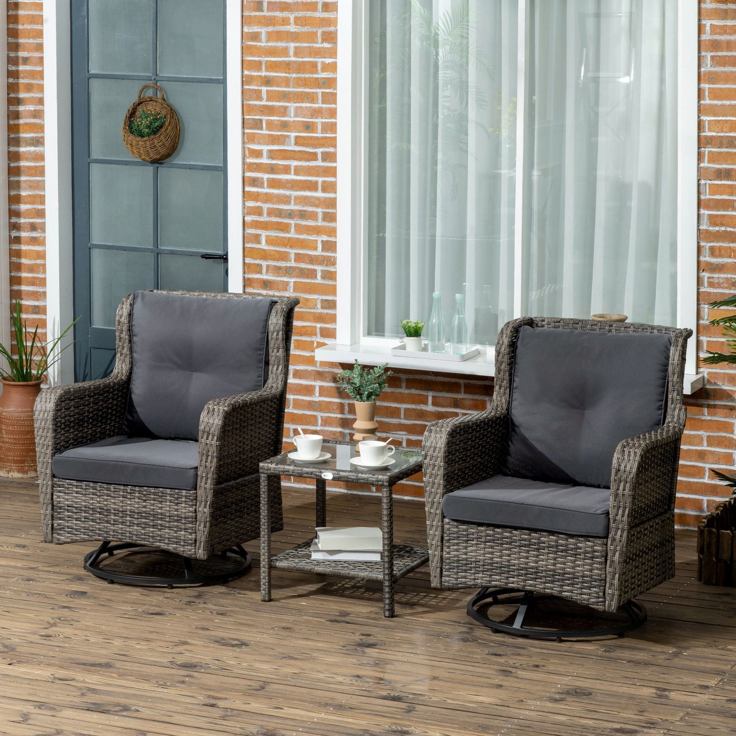 Outsunny 3 Pieces Patio Bistro Set with Glass Coffee Table and Swivel Porch Chairs, Gray - 863-113V00GG