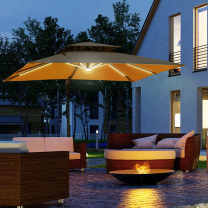 Outsunny 10ft. Solar LED Cantilever Umbrella, Offset Hanging Umbrella with 360¡ãRotation, Cross Base, 8 Ribs, Tilt and Crank for Yard, Khaki - 84D-184V01KK