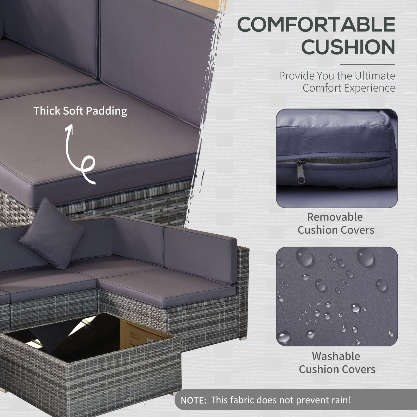 Outsunny 7-Piece All-Weather PE Rattan Sectional Sofa Set with Cushions & Glass Table, Gray - 860-020V01GY