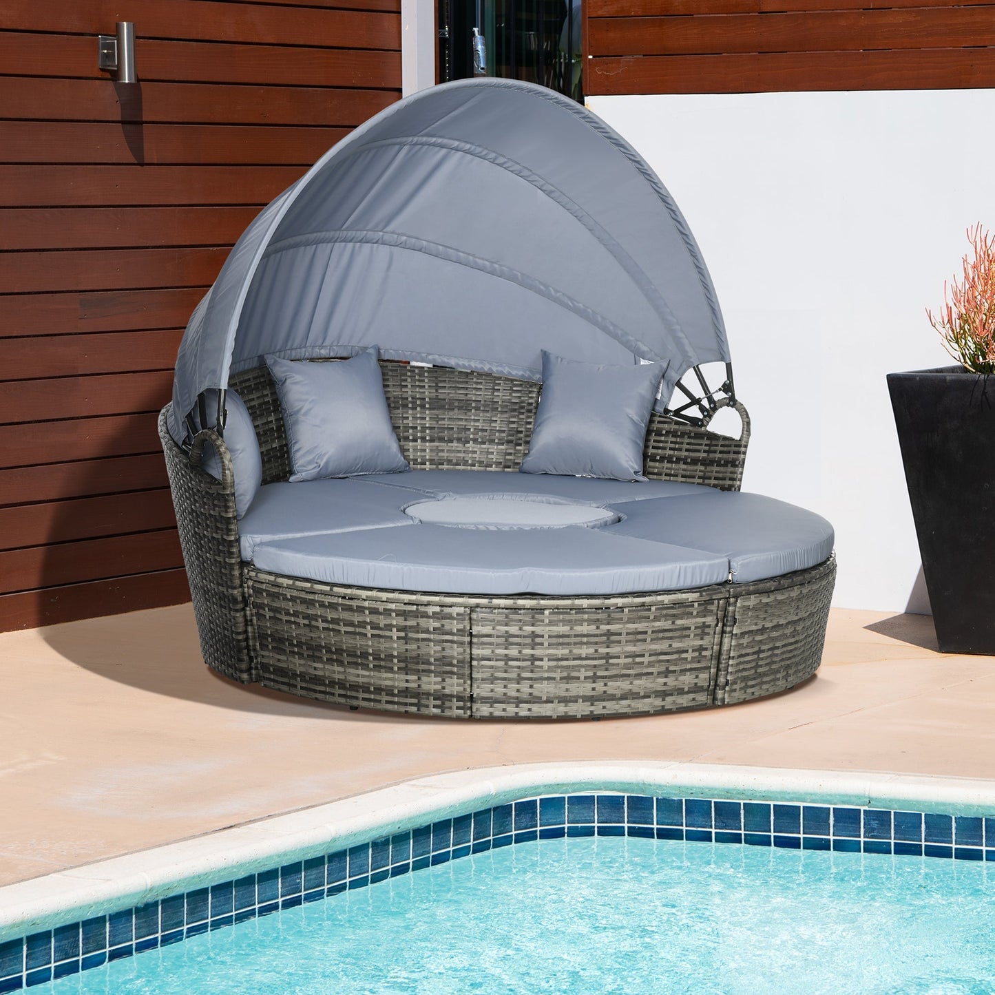 Outsunny Round Outdoor Daybed with Canopy, 4-Piece Sectional Outdoor Sofa, 3 Chairs, Tea Table, Light Gray - 862-047V00GG