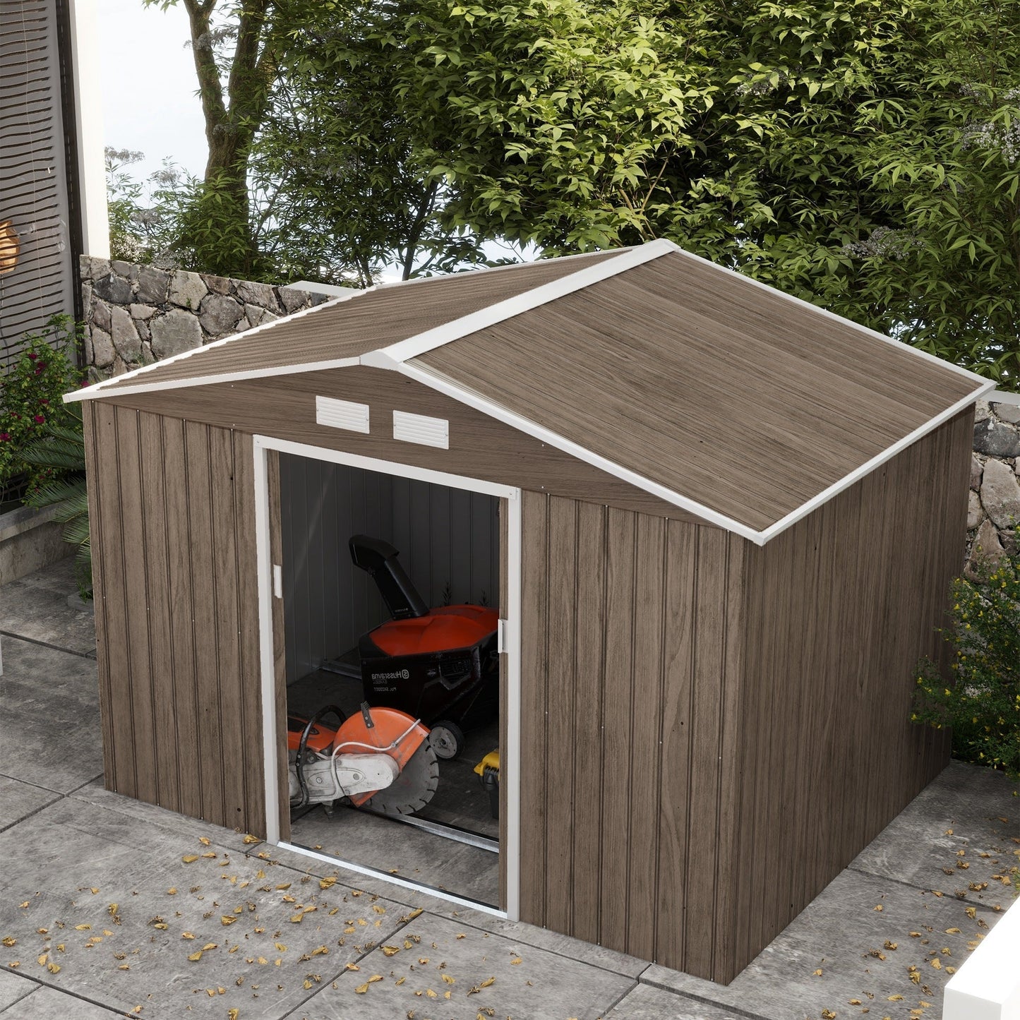 EverBase 9' x 6' Outdoor Storage Shed with Foundation Kit, Double Lockable Door & Air Vents, Light Brown