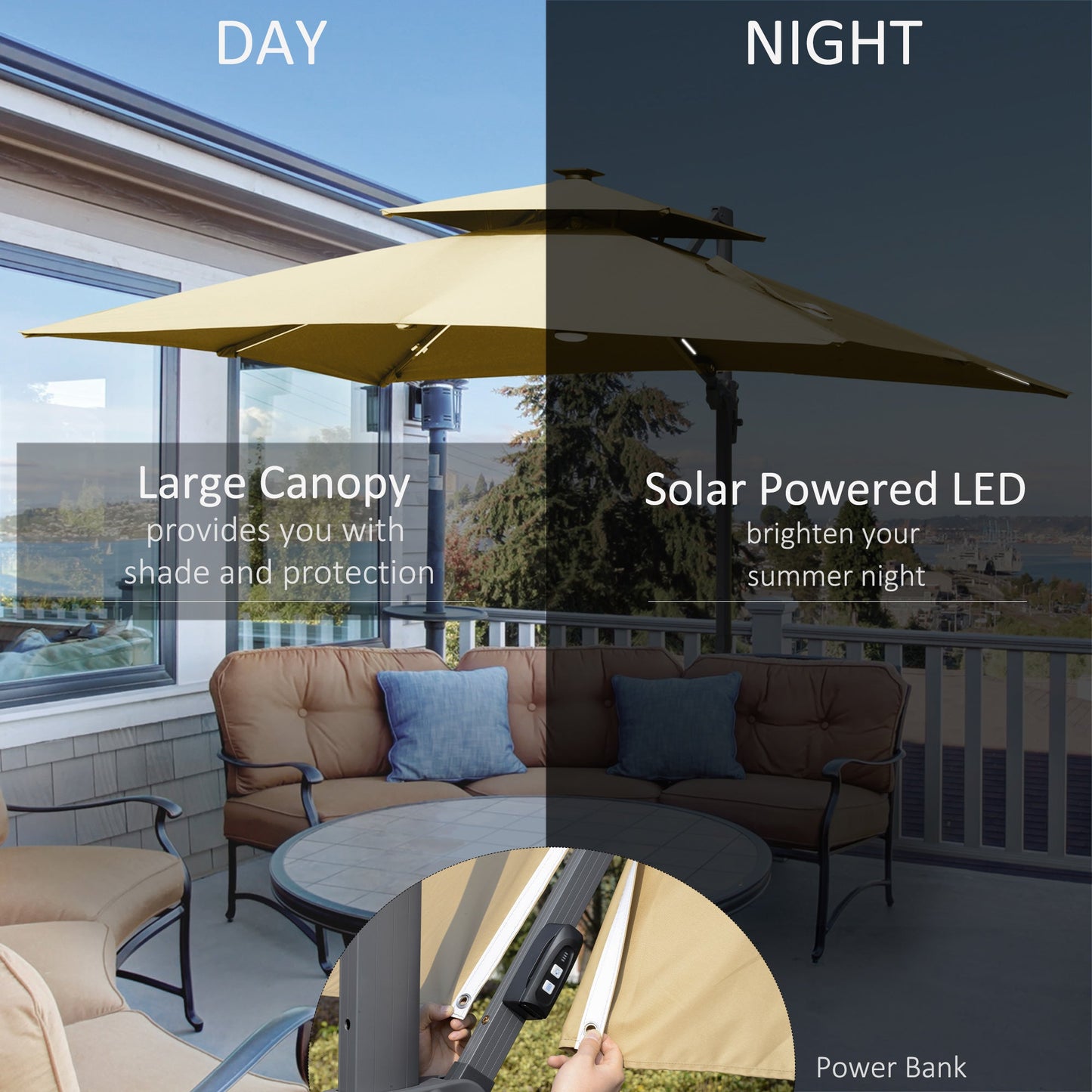 Outsunny 10ft. Solar LED Cantilever Umbrella, Offset Hanging Umbrella with 360¡ãRotation, Cross Base, 8 Ribs, Tilt and Crank for Yard, Khaki - 84D-184V01KK