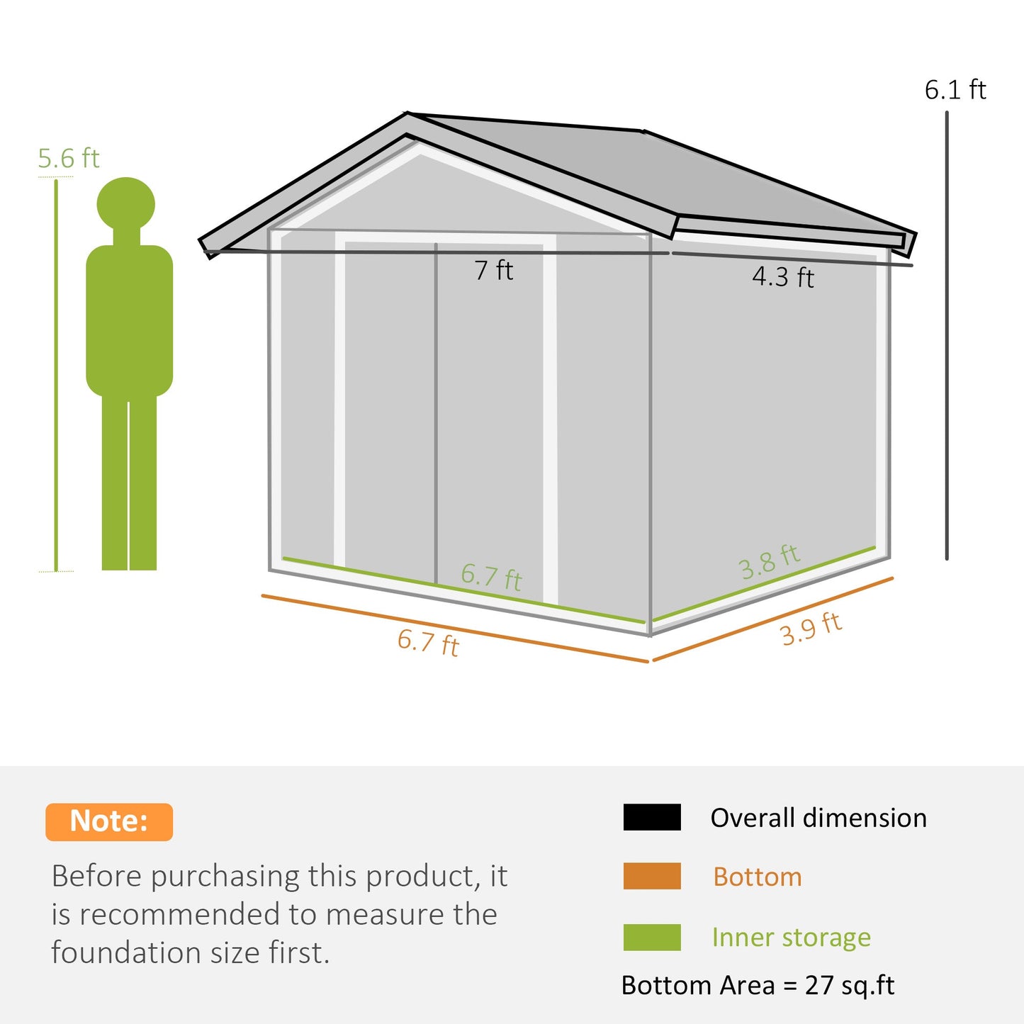 Outsunny EverBase 7' x 4' Outdoor Storage Shed with Foundation Kit, Double Lockable Door & Air Vents, Light Green - 845-030YG