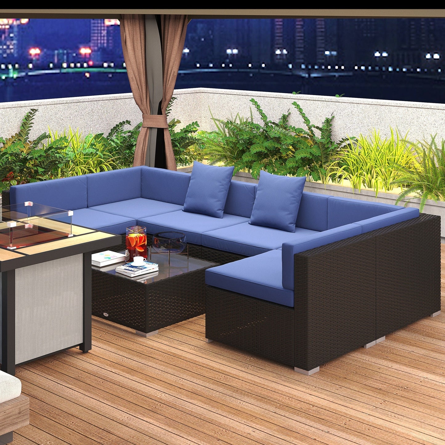 Outsunny 7-Piece PE Rattan Outdoor Sectional Sofa Set with Cushions, Coffee Table &amp; Pillows, Dark Blue - 860-020V01BU