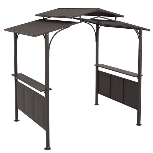 Outsunny 8' x 5' BBQ Grill Gazebo, Double Tiered Roof, Steel Frame, 2 Shelves, Brown - 84C-221V00BN