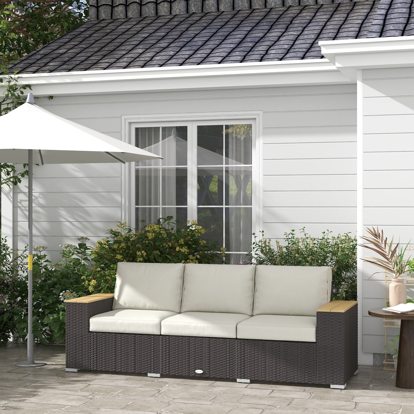 Outsunny 3-Seat Outdoor PE Wicker Sofa with Cushions, Wide Armrests, Beige - 860-304V00BN
