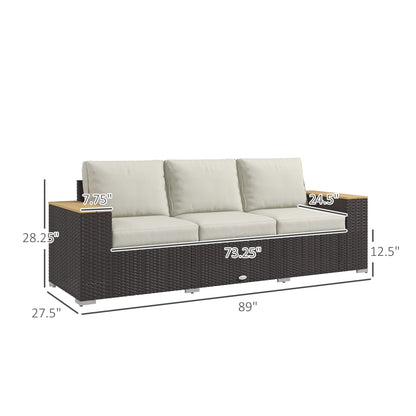 Outsunny 3-Seat Outdoor PE Wicker Sofa with Cushions, Wide Armrests, Beige - 860-304V00BN
