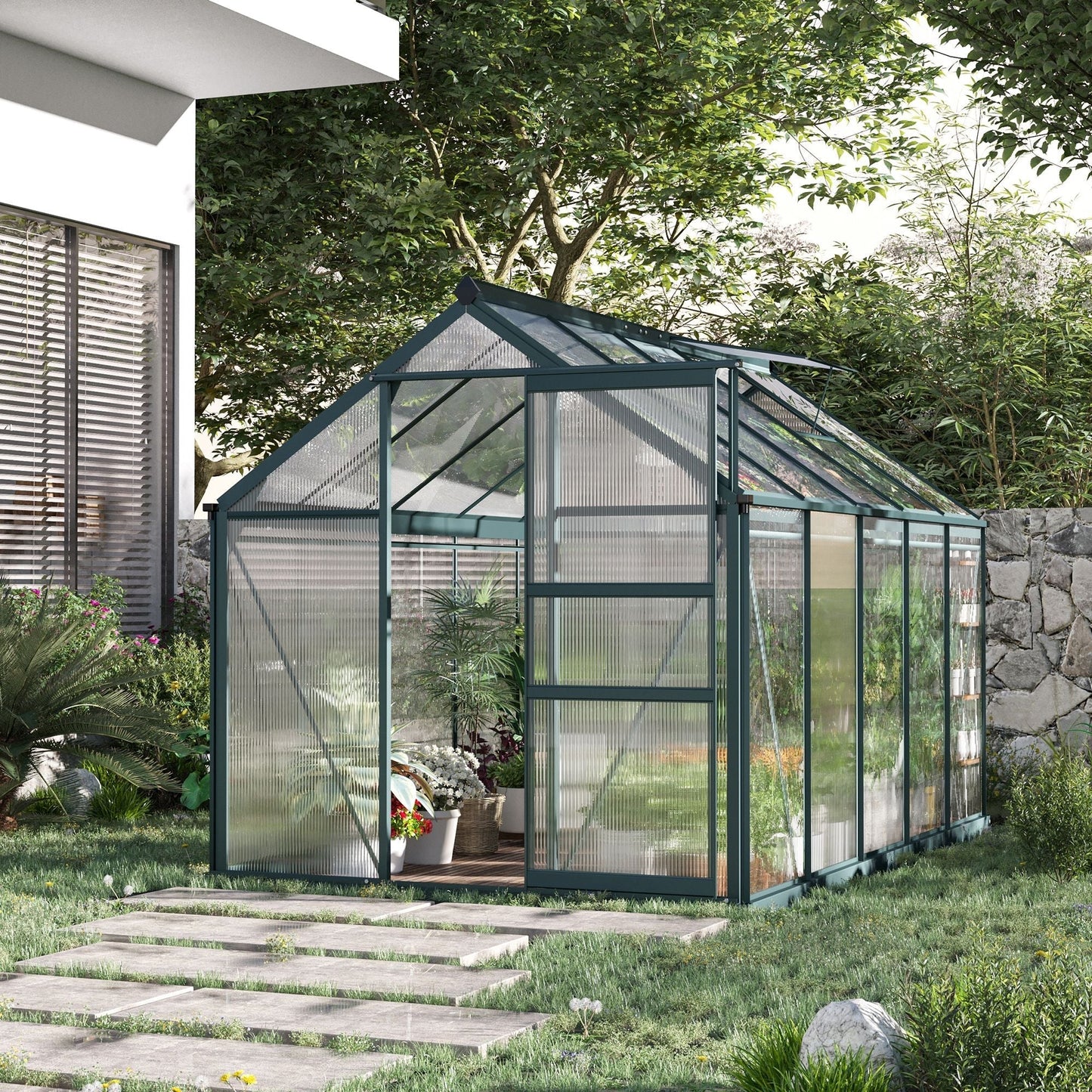Outsunny BloomGreen 6' x 10' Greenhouse with Rain Gutter and Roof Vent Dark Green - 845-059V01