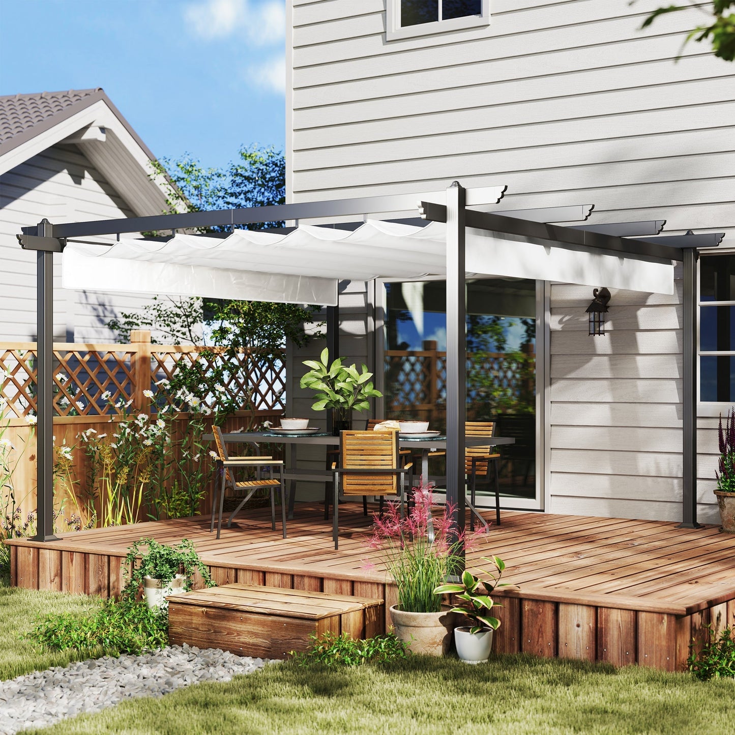 Outsunny 13' x 13' Aluminum Retractable Pergola Canopy, for Garden Patio Backyard Deck, White - 84C-567V00WT