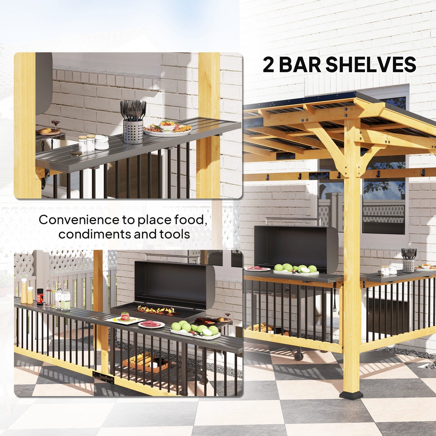 Outsunny 13' x 6' Wooden BBQ Grill Gazebo with Metal Roof 2 Bar Shelves and 6 Hooks, Natural - 84C-650V00ND