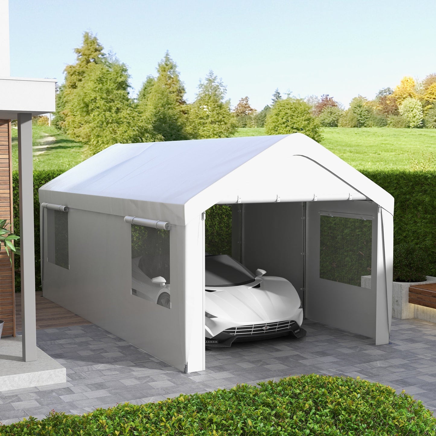 10' x 20' Heavy Duty Portable Garage with 4 Mesh Windows & 2 Doors, White - 84C-523V00WT