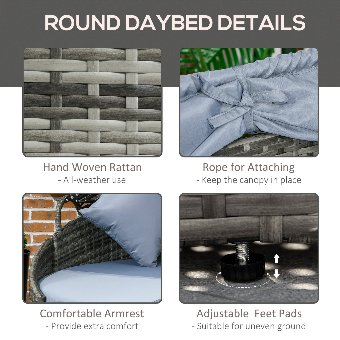 Outsunny 4-Piece Round Patio Daybed, Sectional Sofa with Canopy, Footrest, Table, Light Gray - 862-048V00GG